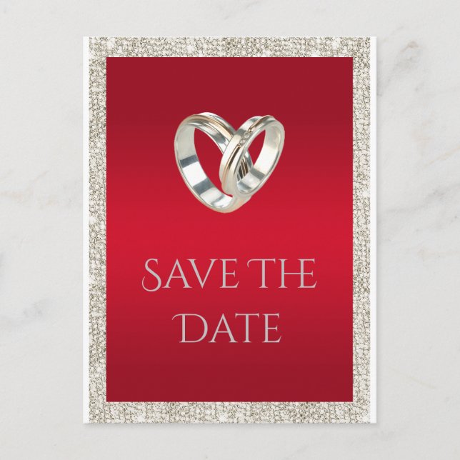 Stylish Wedding Rings, Ruby Red & Glitter Wedding Announcement Postcard (Front)