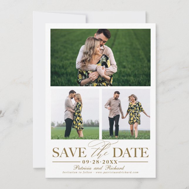 Stylish Wedding Save The Date 3 Photo Collage Invitation (Front)