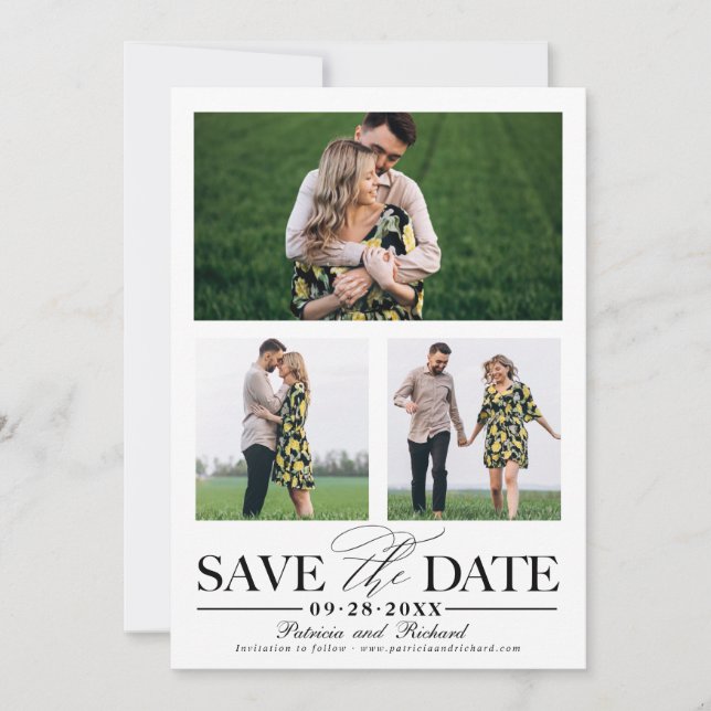 Stylish Wedding Save The Date 3 Photo Collage Invitation (Front)