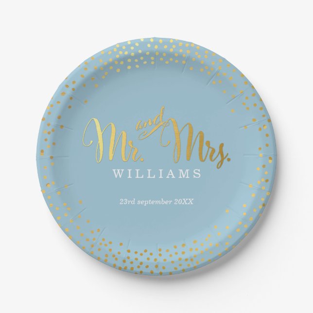 STYLISH WEDDING TABLE mini confetti gold blue Paper Plate (Front)