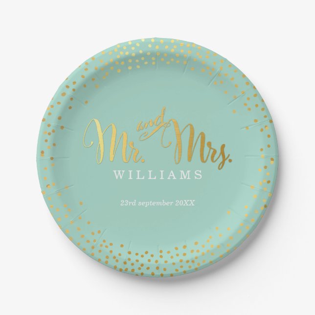 STYLISH WEDDING TABLE mini confetti gold mint Paper Plate (Front)