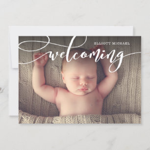 Stylish Welcoming Script Photo Birth Announcement