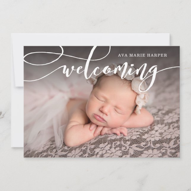 Stylish Welcoming Script Photo Birth Announcement (Front)