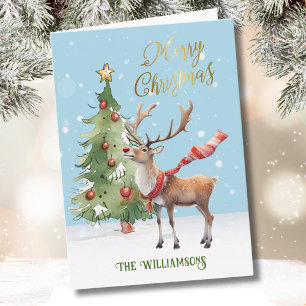 Stylish Well-dressed Watercolor Reindeer Tree Card