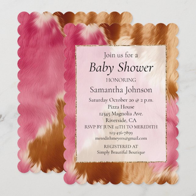 Stylish Western Pink Cream Gold Cowgirl Cowhide Invitation (Front/Back)