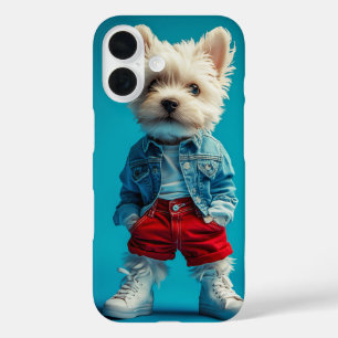 Stylish Westie Pup in Denim and Sneakers iPhone 16 Case