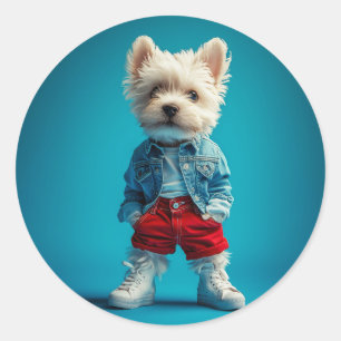 Stylish Westie Pup in Denim and Sneakers Classic Round Sticker