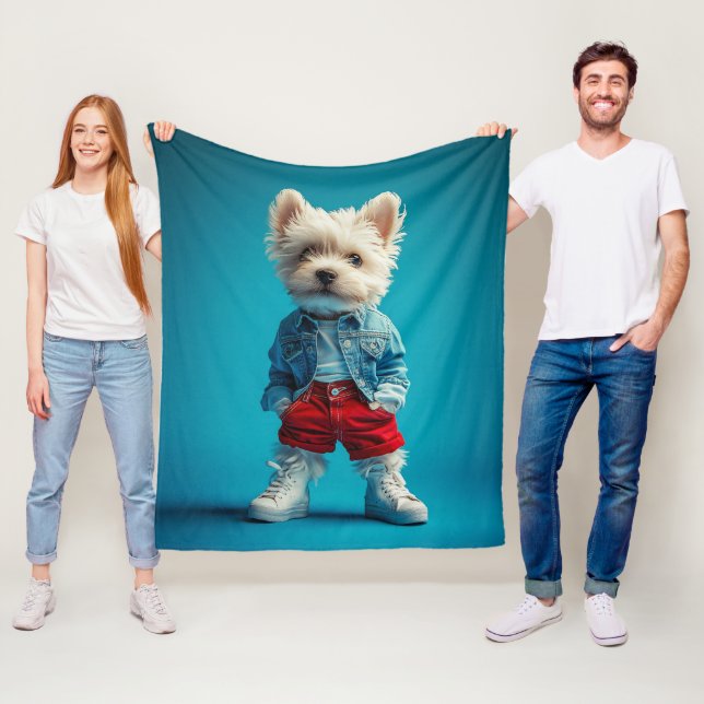 Stylish Westie Pup in Denim and Sneakers Fleece Blanket (In Situ)