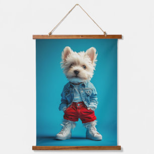Stylish Westie Pup in Denim and Sneakers Hanging Tapestry
