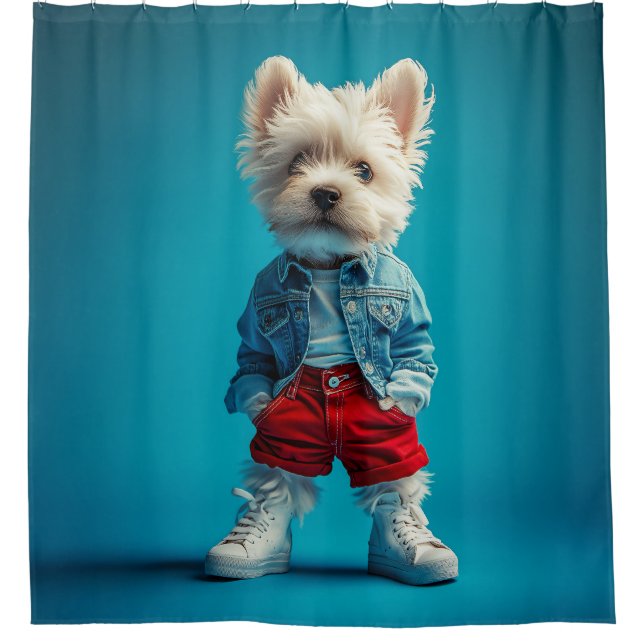 Stylish Westie Pup in Denim and Sneakers Shower Curtain (Front)