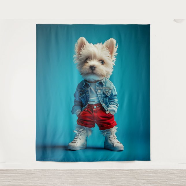Stylish Westie Pup in Denim and Sneakers Tapestry (Front)