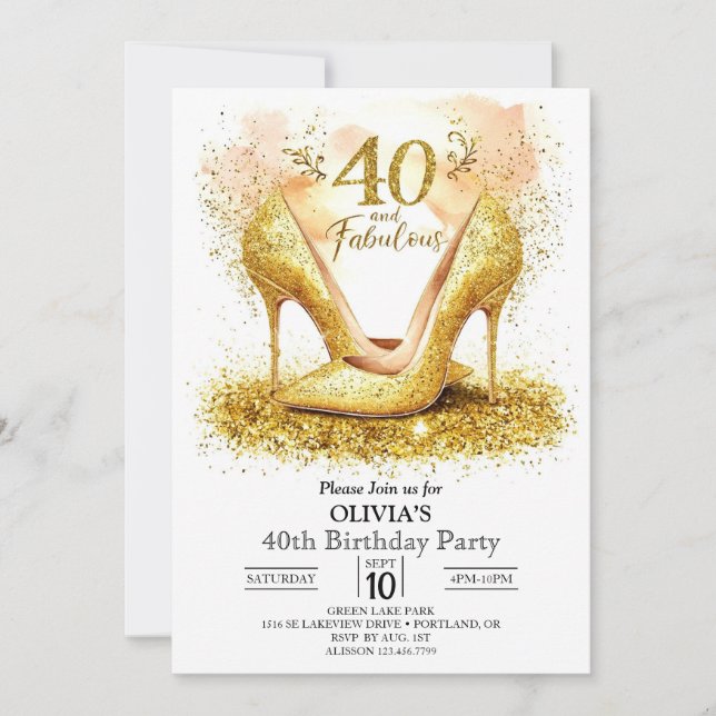 Stylish Whimsical Digital Gold 40th Birthday Invitation (Front)