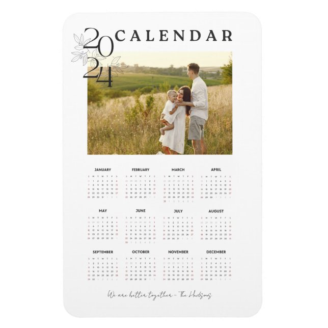 Stylish White 2024 Full Year Couple Photo Calendar Magnet (Vertical)