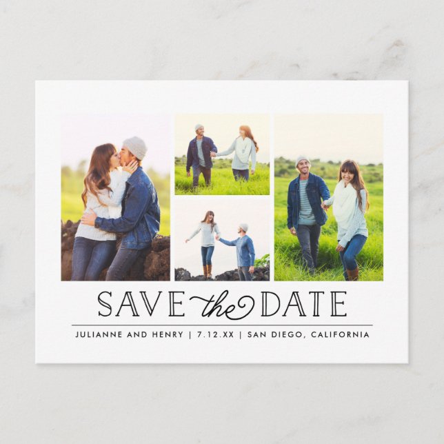 Stylish White 4 Photo Save the Date Postcard (Front)
