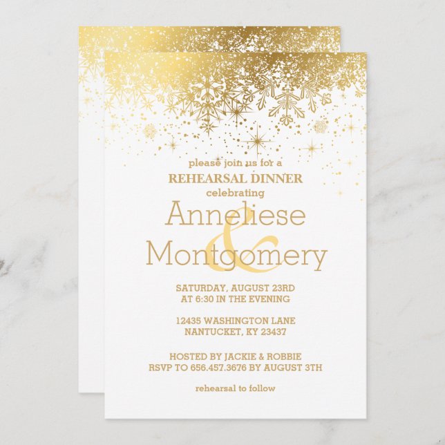 Stylish White and Gold Snowflake Rehearsal Dinner Invitation (Front/Back)