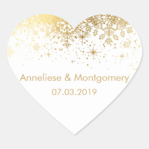 Stylish White and Gold Snowflakes   Wedding Heart Sticker