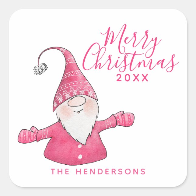 Stylish White and Pink Cute Gnome Merry Christmas Square Sticker (Front)