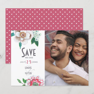 Stylish white and red Floral Photo Save the Date