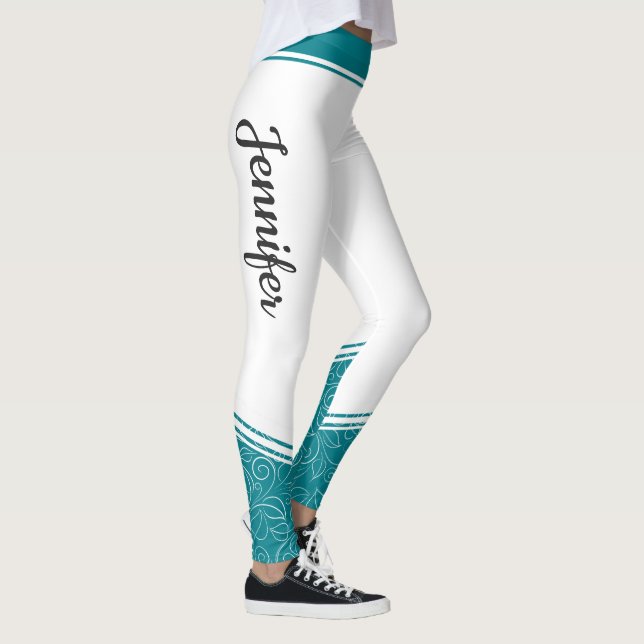 Stylish white and teal blue floral white name leggings (Right)