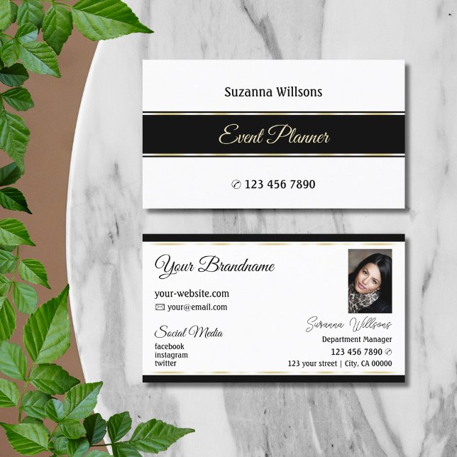 Stylish White Black and Gold Stripes with Photo Business Card (Creator Uploaded)