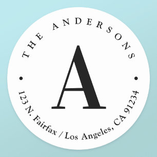 Stylish White & Black Monogram Return Address Classic Round Sticker