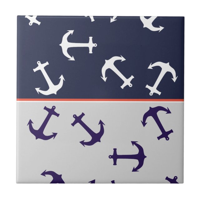 Stylish White Blue Anchors Sea Ocean Tile (Front)