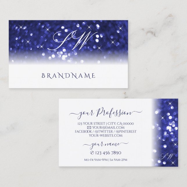 Stylish White Blue Sparkle Glitter Stars Initials Business Card (Front/Back)