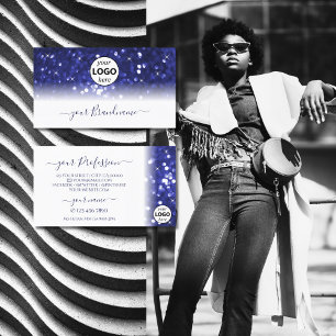 Stylish White Blue Sparkle Glitter Stars with Logo Business Card
