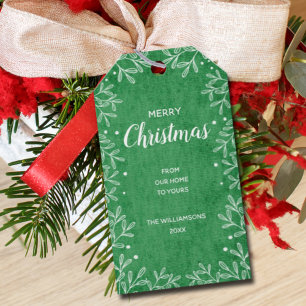 Stylish White Botanicals on Green Gift Tags