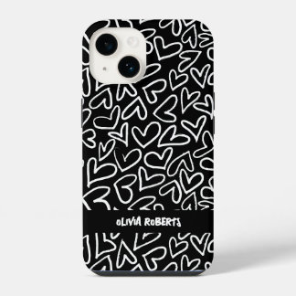 Stylish White Chalk Hearts Pattern Personalised iPhone 14 Case