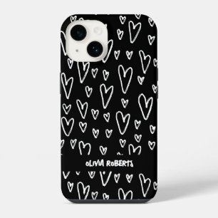 Stylish White Chalk Hearts Pattern Personalised iPhone 14 Case