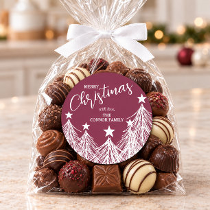 Stylish White Christmas Trees on Cranberry Classic Round Sticker