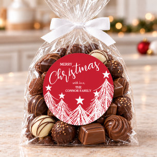 Stylish White Christmas Trees on Red Classic Round Sticker