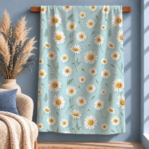 Stylish White Daisy Pastel Blue Gingham Blanket