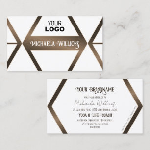Stylish White Geometric Brown Shimmer with Logo Business Card