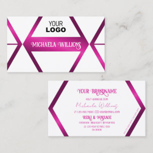 Stylish White Geometric Shimmery Pink with Logo Business Card