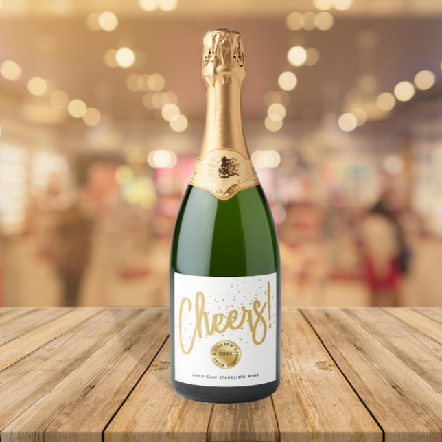 Stylish White Gold Cheers New Year Business Typo Sparkling Wine Label (Creator Uploaded)