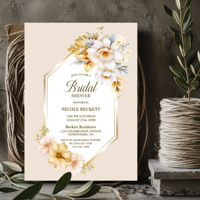 Stylish White Gold Floral Geometric Bridal Shower Invitation (Creator Uploaded)