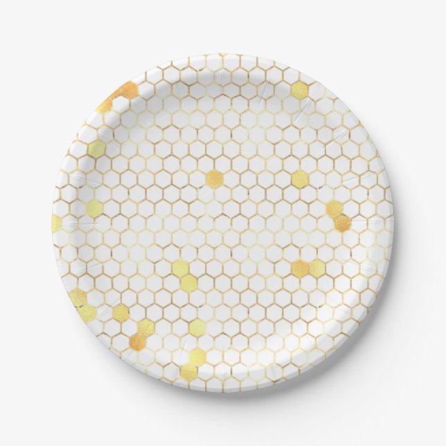 Stylish White Gold Honeycomb Paper Plate (Front)