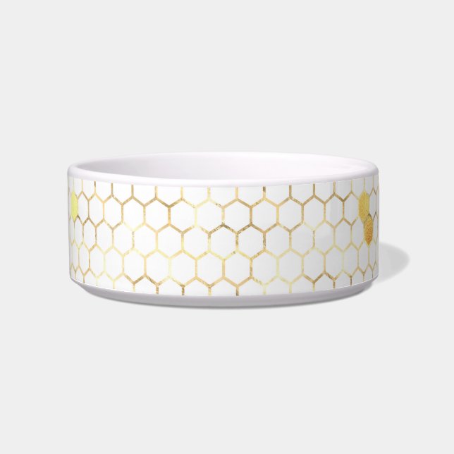 Stylish White Gold Honeycomb Pet Bowl (Front)