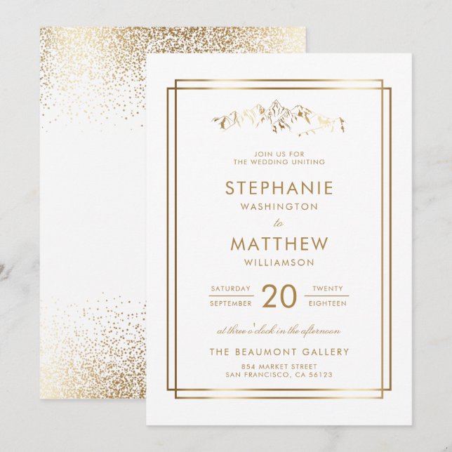 Stylish White & Gold Mountain Wedding Invitation (Front/Back)