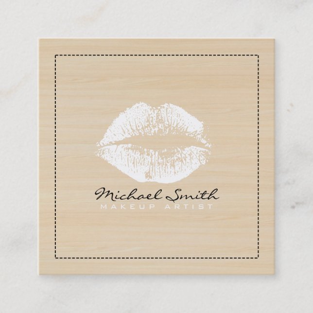 Stylish White Lips Makeup Artist Modern Wood Square Business Card (Front)