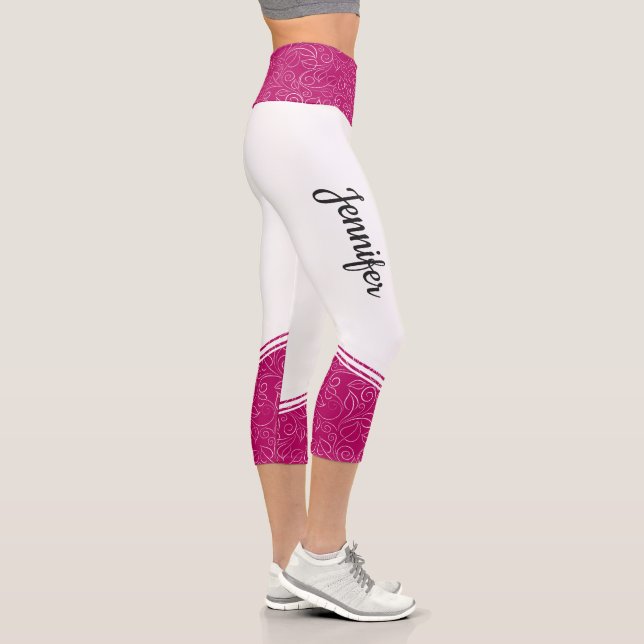 Stylish white magenta floral white stripes & name capri leggings (Right)