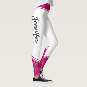 Stylish white magenta floral white stripes & name leggings