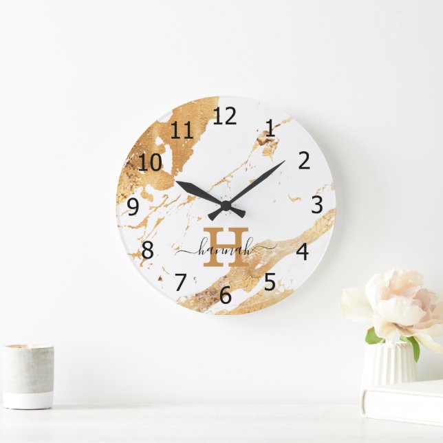 Stylish White Marble Gold Foil Monogram Name Large Clock (Home)