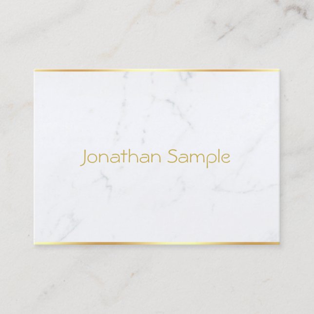 Stylish White Marble Gold Text Modern Template Business Card (Front)