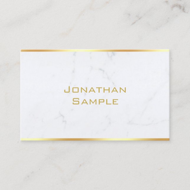 Stylish White Marble Gold Text Template Modern Business Card (Front)