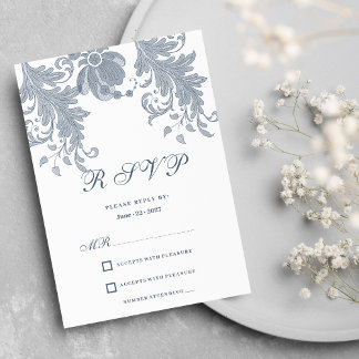 Stylish white mauve blue floral lace RSVP Invitation