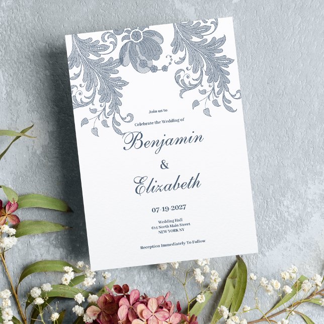 Stylish white mauve blue floral lace Wedding  Invitation (Stylish white mauve blue floral lace Wedding )