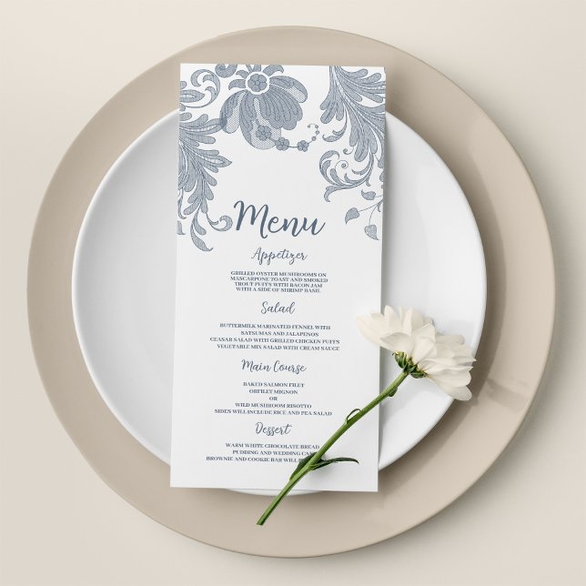 Stylish white mauve blue floral lace Wedding Menu (Stylish white mauve blue floral lace Wedding Menu)